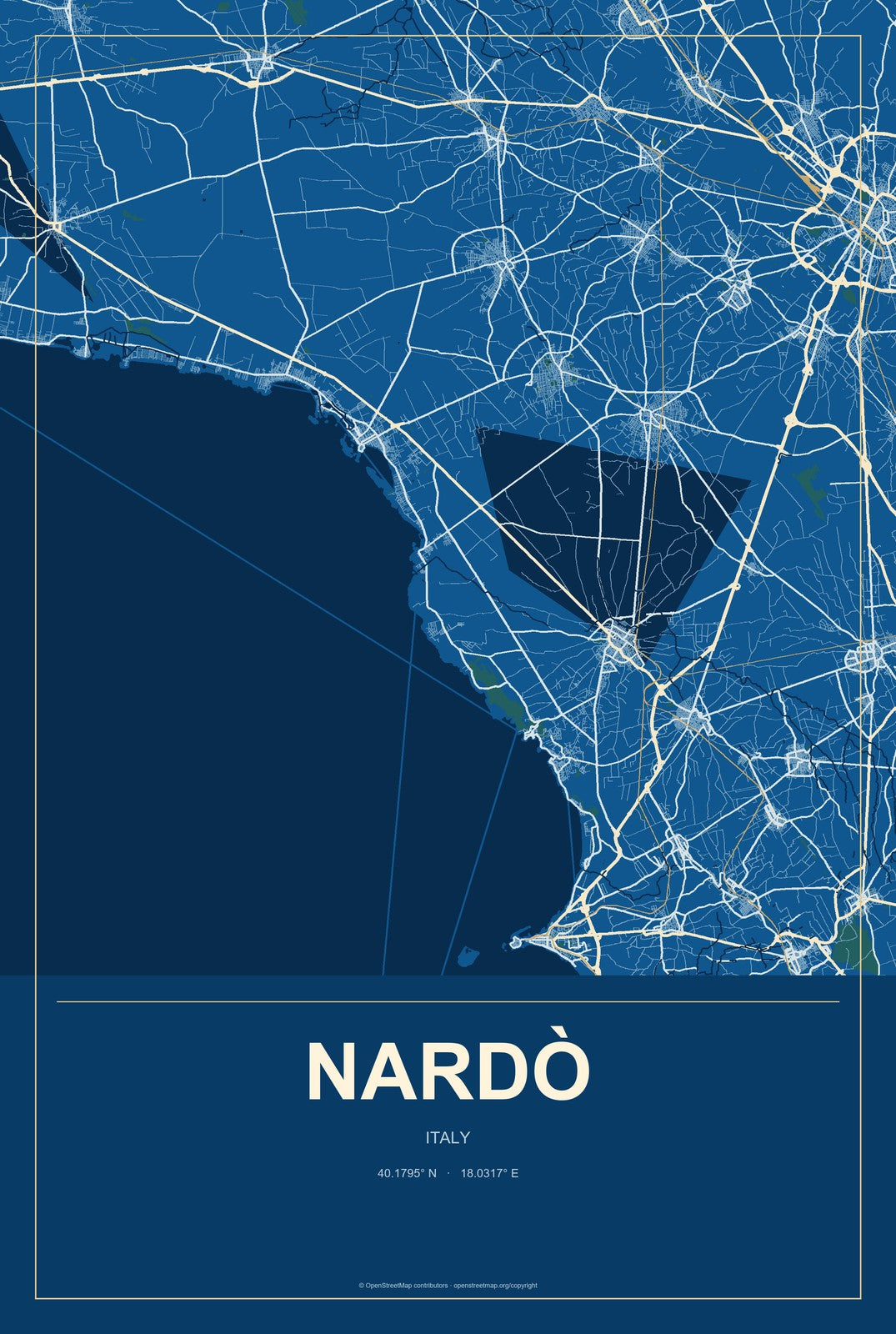 Nardò, Italy City Map Aluminum Sign in Harbor Cobalt style