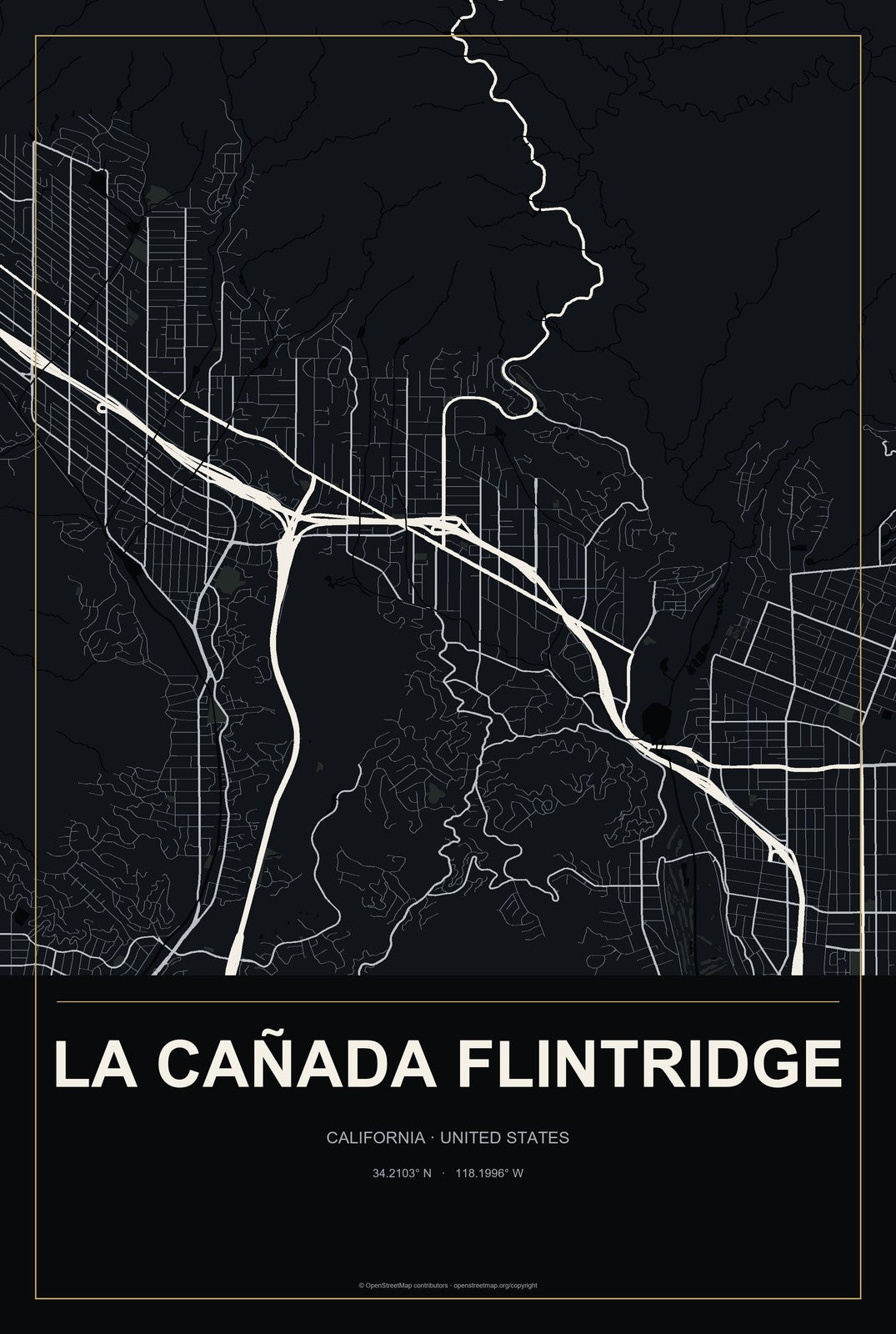 La Cañada Flintridge, California City Map Aluminum Sign in Metropolitan Noir style