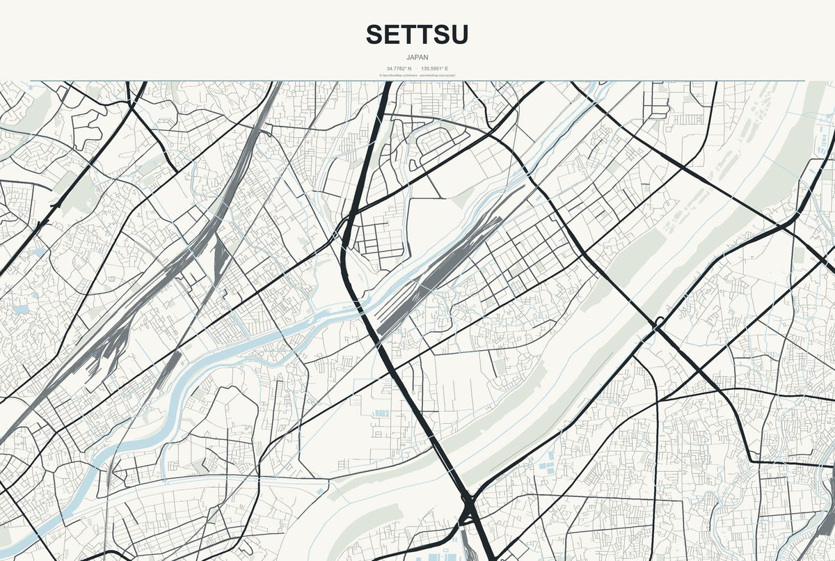 Settsu, Japan City Map Aluminum Sign in Headline Atlas style