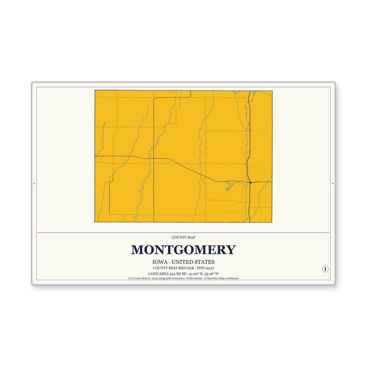Montgomery County, Iowa Map Aluminum Sign in Citrine Modern style