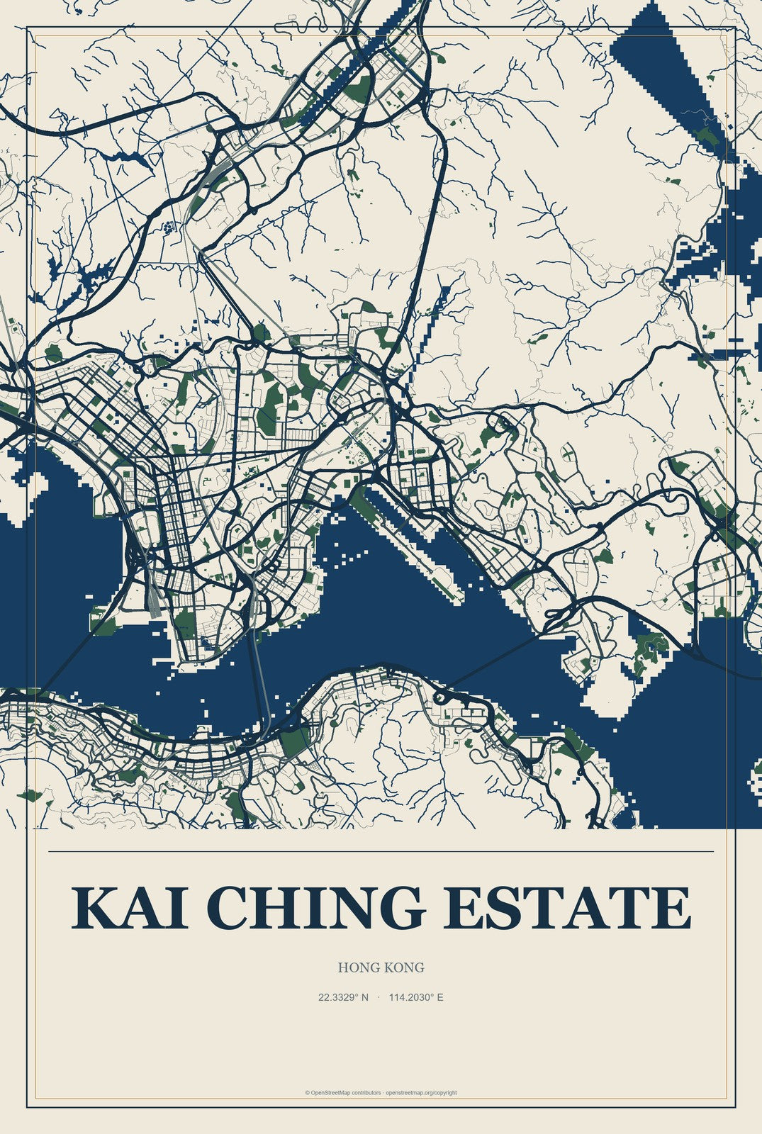 Kai Ching Estate, Hong Kong City Map Aluminum Sign in Coastal Cutout style
