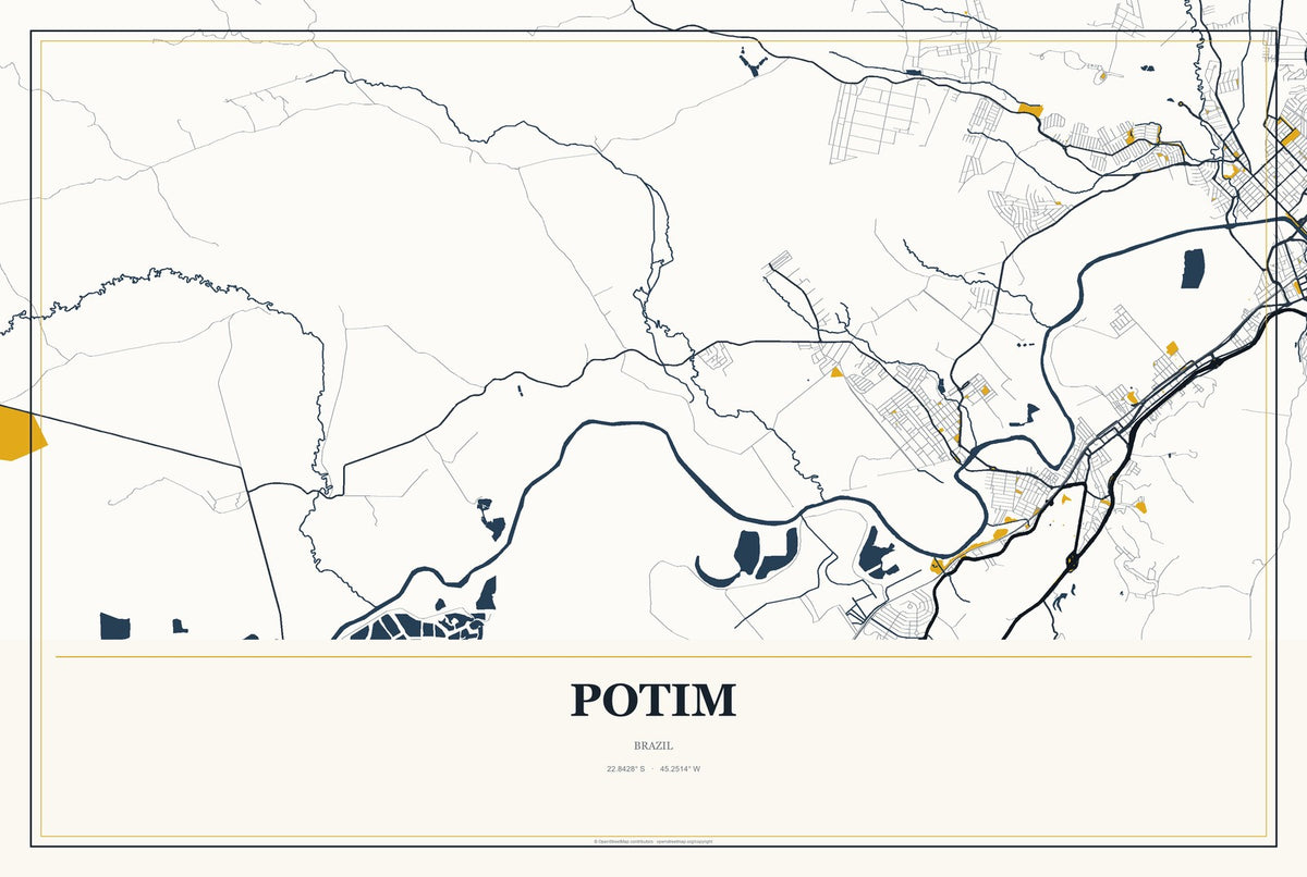 Potim, Brazil City Map Aluminum Sign in Citrine Modern style