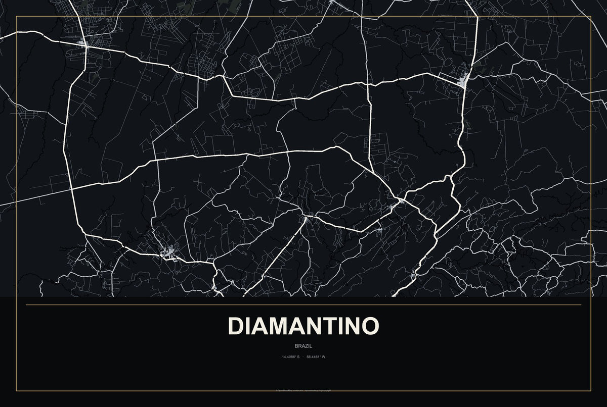 Diamantino, Brazil City Map Aluminum Sign in Metropolitan Noir style