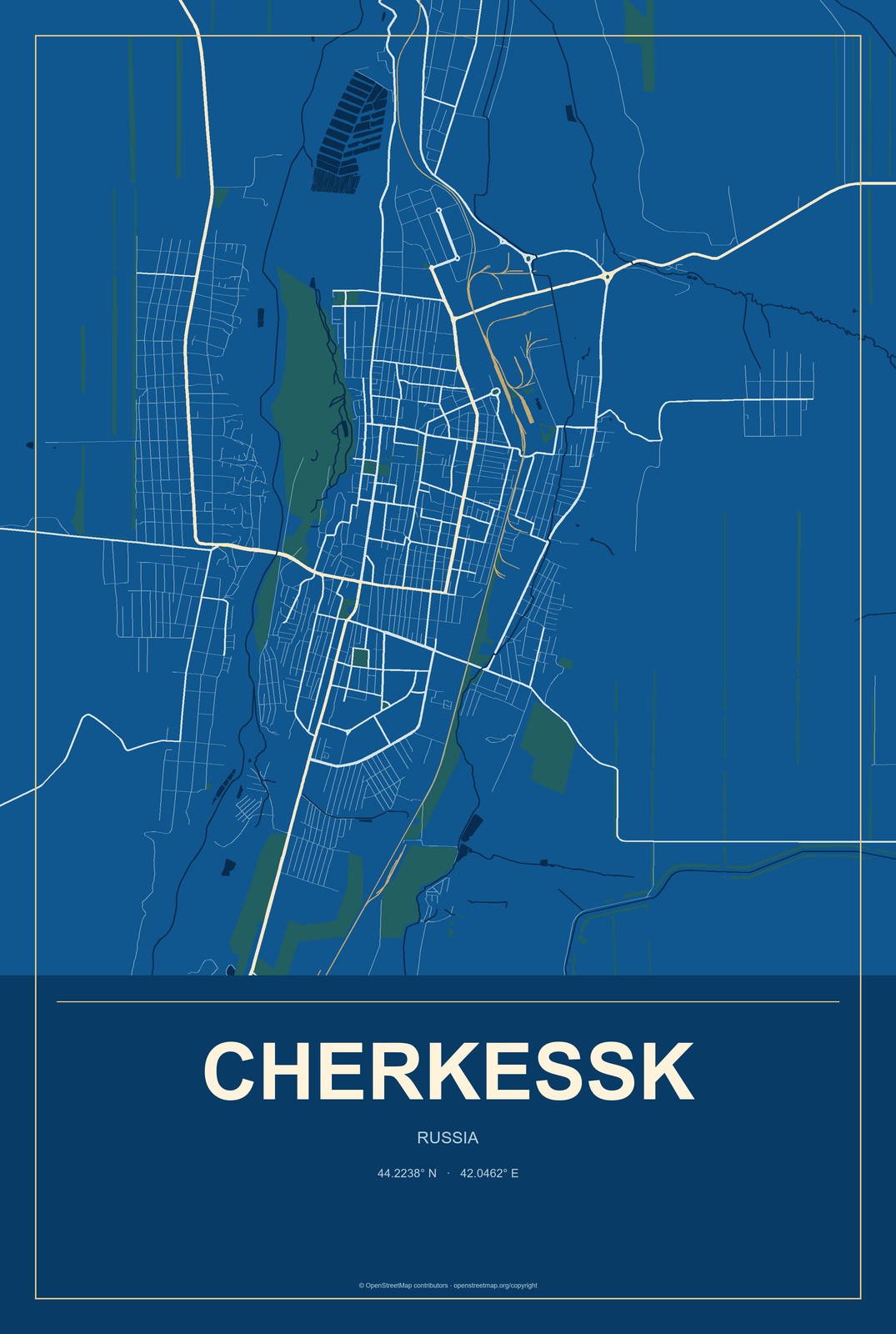 Cherkessk, Russia City Map Aluminum Sign in Harbor Cobalt style