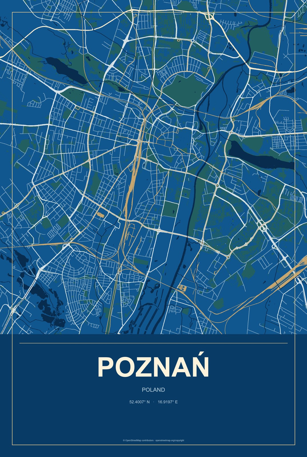 Poznań, Poland City Map Aluminum Sign in Harbor Cobalt style