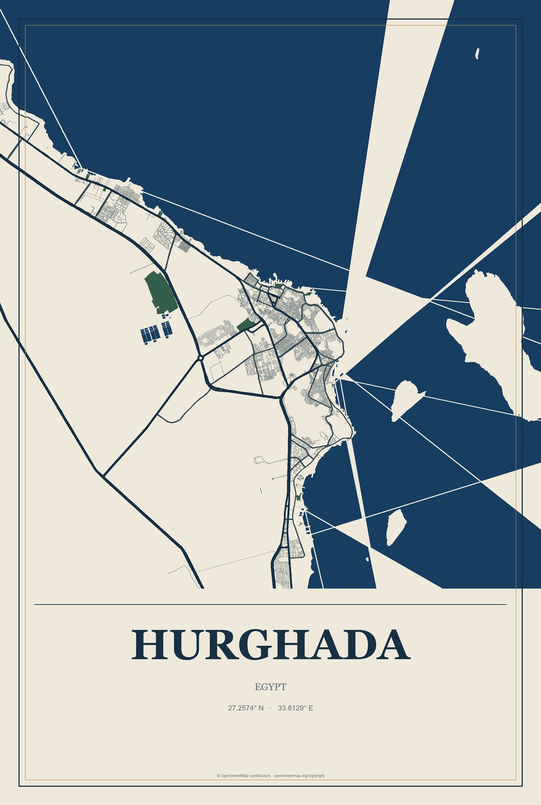 Hurghada, Egypt City Map Aluminum Sign in Coastal Cutout style