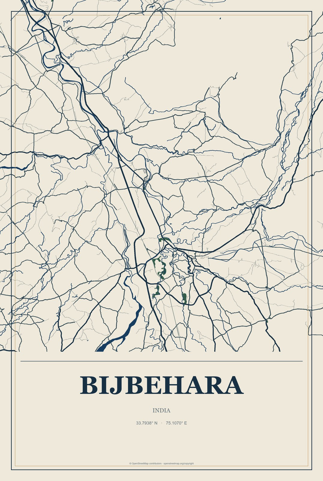 Bijbehara, India City Map Aluminum Sign in Coastal Cutout style
