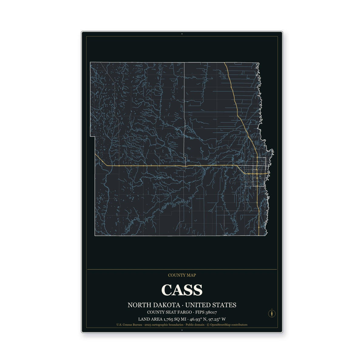Cass County, North Dakota Map Aluminum Sign in Metropolitan Noir style