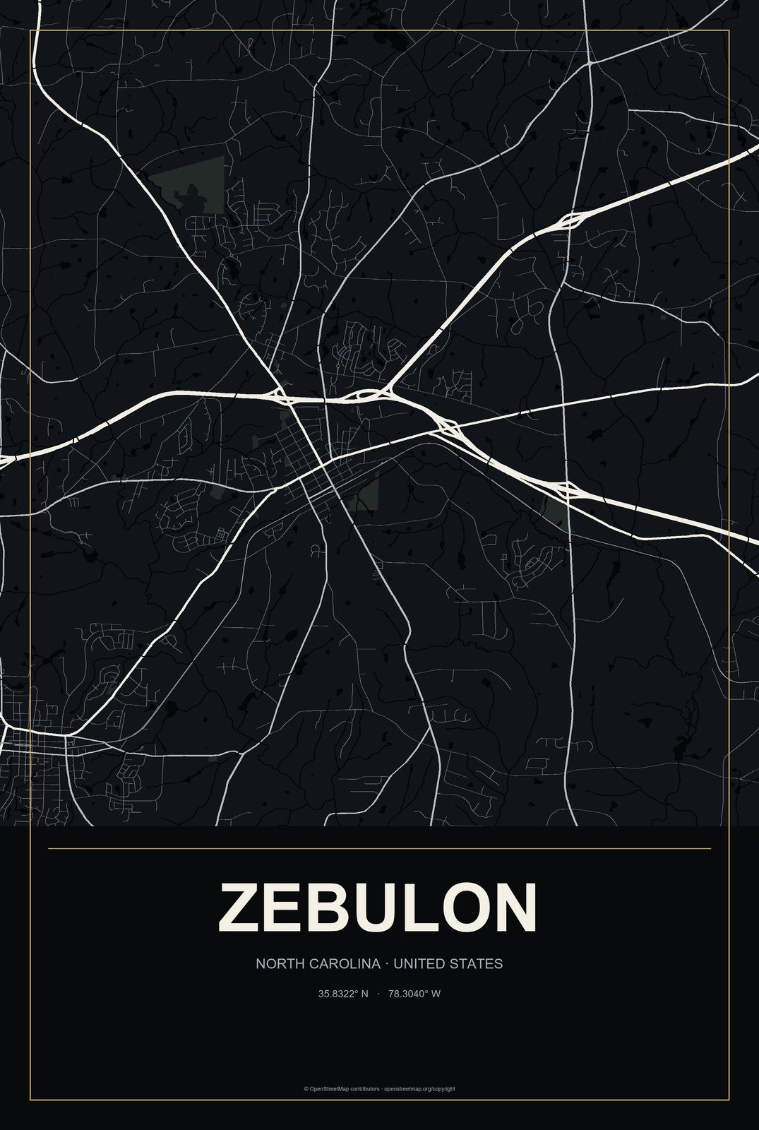 Zebulon, North Carolina City Map Aluminum Sign in Metropolitan Noir style