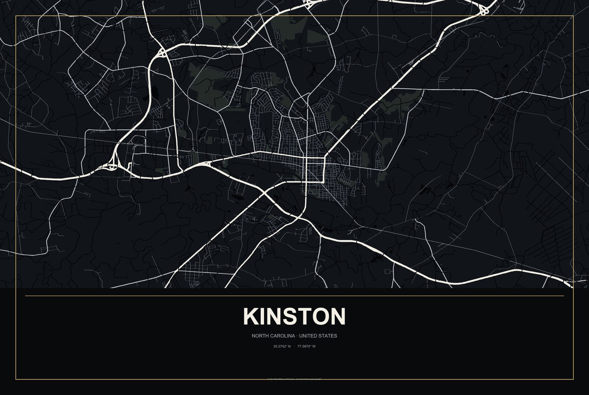 Kinston, North Carolina City Map Aluminum Sign in Metropolitan Noir style