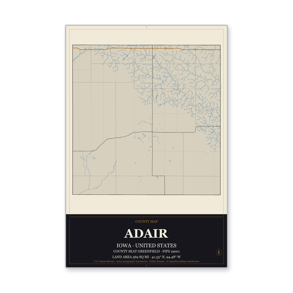 Adair County, Iowa Map Aluminum Sign in Museum Plaque style
