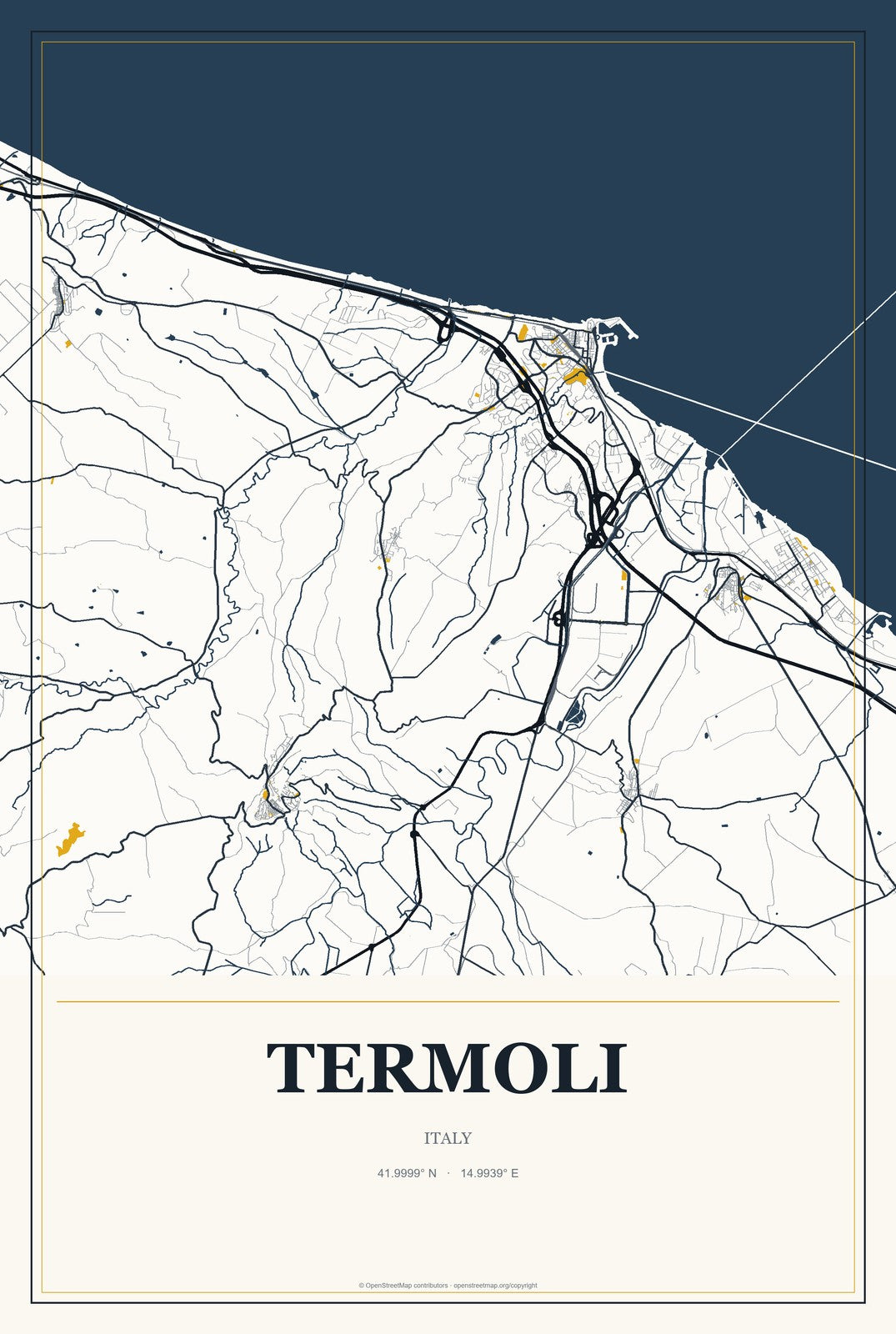 Termoli, Italy City Map Aluminum Sign in Citrine Modern style