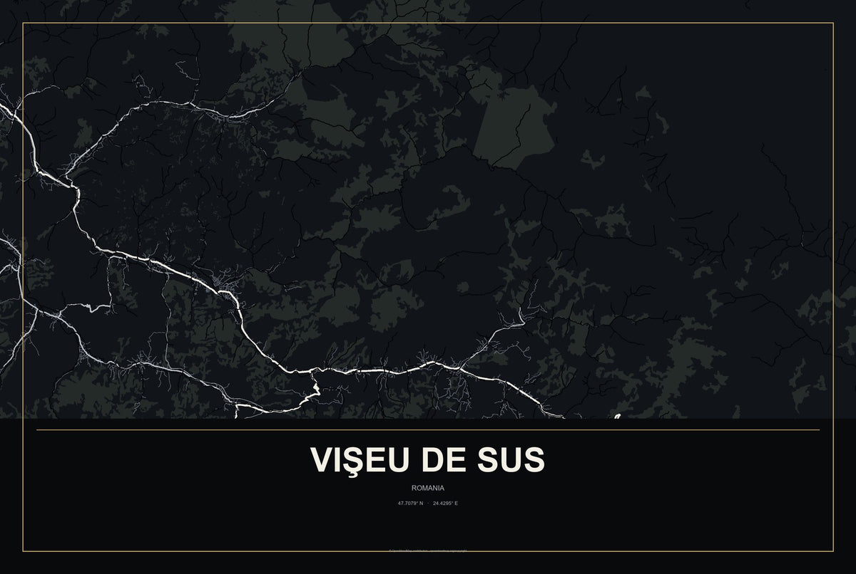 Vişeu de Sus, Romania City Map Aluminum Sign in Metropolitan Noir style
