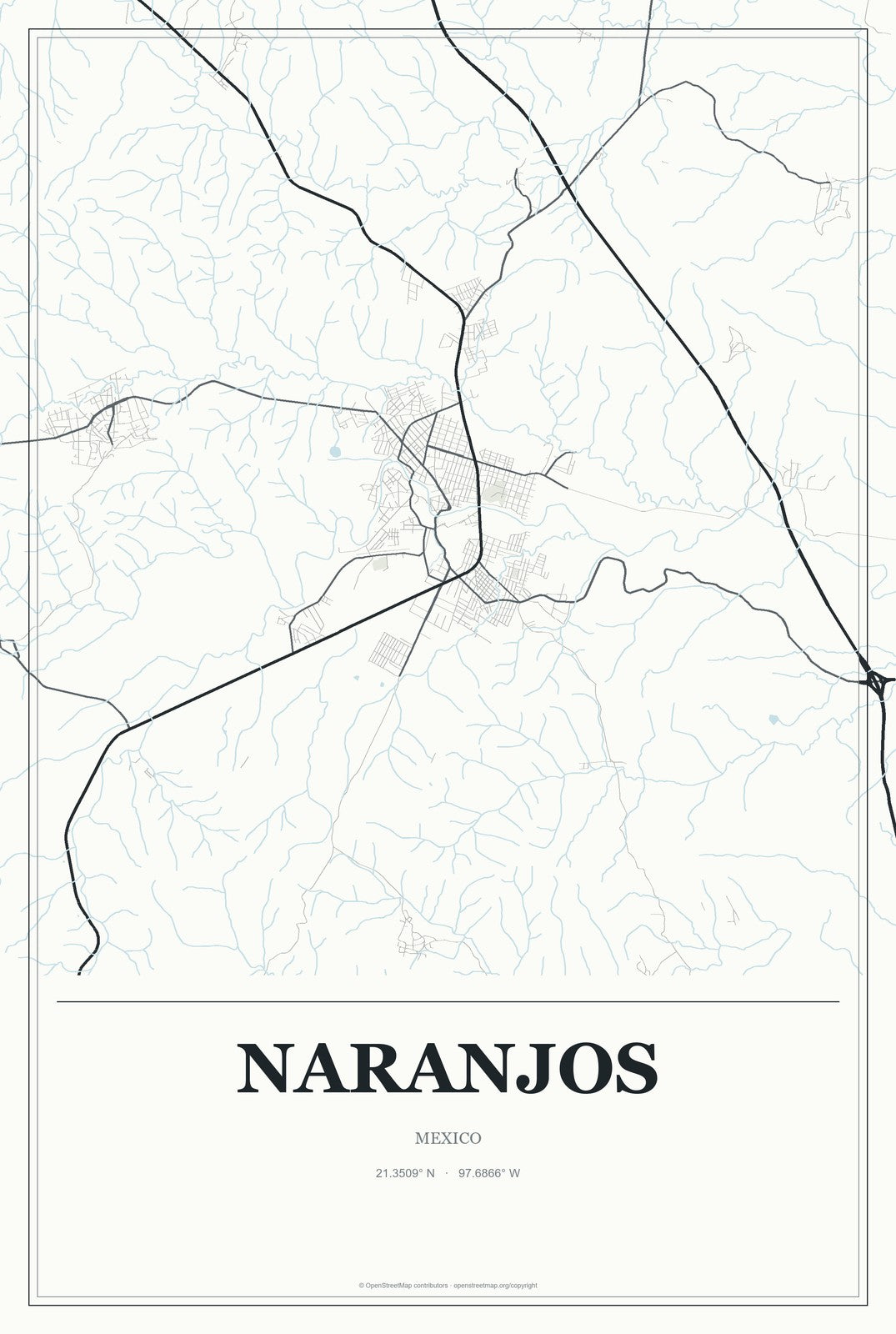 Naranjos, Mexico City Map Aluminum Sign in Gallery Air style