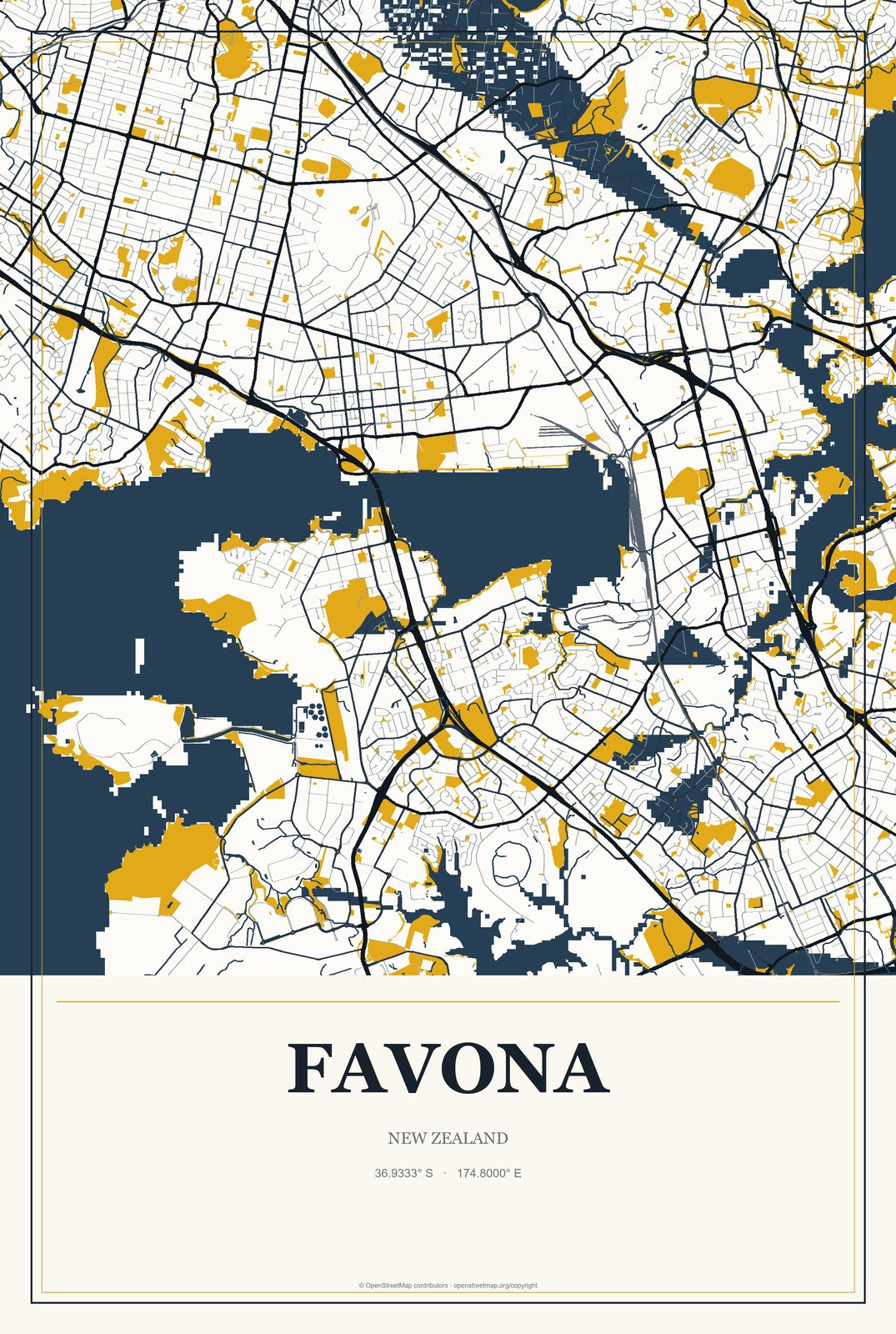 Favona, New Zealand City Map Aluminum Sign in Citrine Modern style