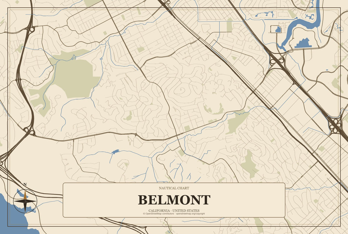 Belmont, California City Map Aluminum Sign in Heritage Nautical style