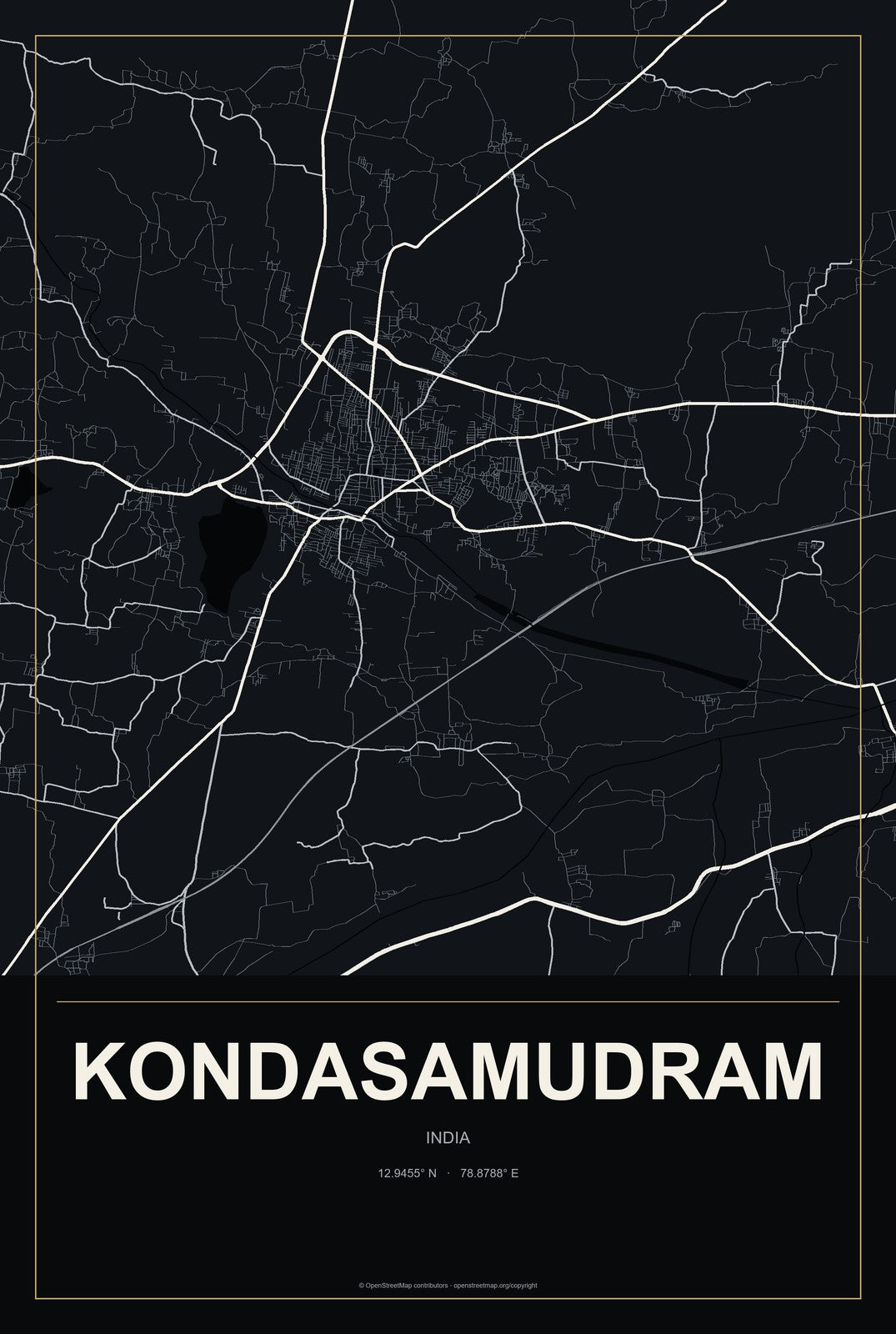 Kondasamudram, India City Map Aluminum Sign in Metropolitan Noir style