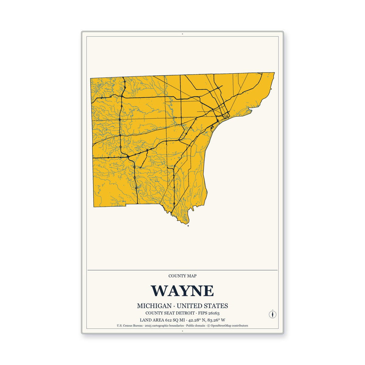 Wayne County, Michigan Map Aluminum Sign in Citrine Modern style