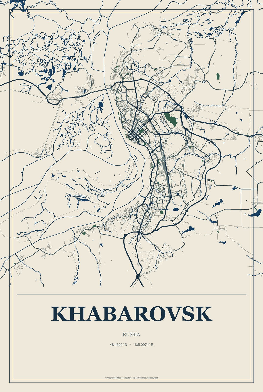 Khabarovsk, Russia City Map Aluminum Sign in Coastal Cutout style