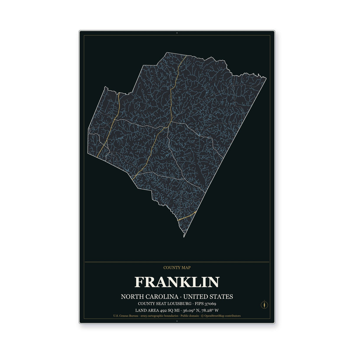 Franklin County, North Carolina Map Aluminum Sign in Metropolitan Noir style