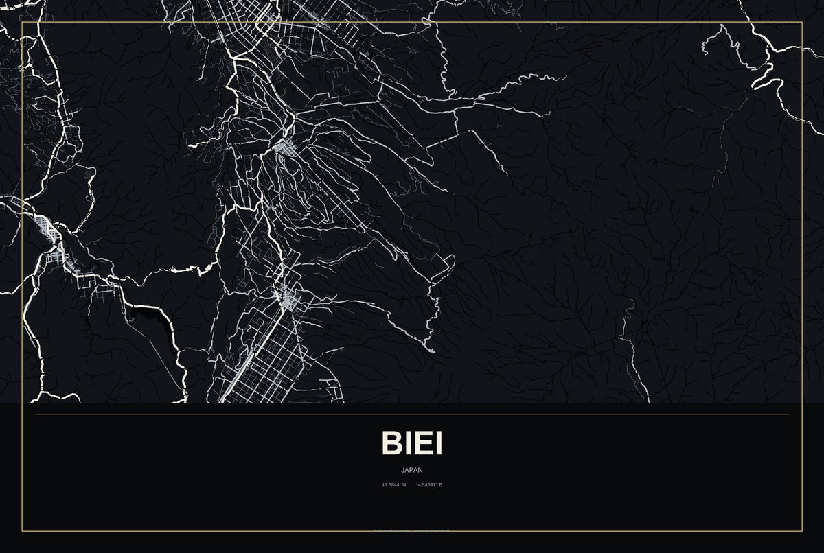 Biei, Japan City Map Aluminum Sign in Metropolitan Noir style