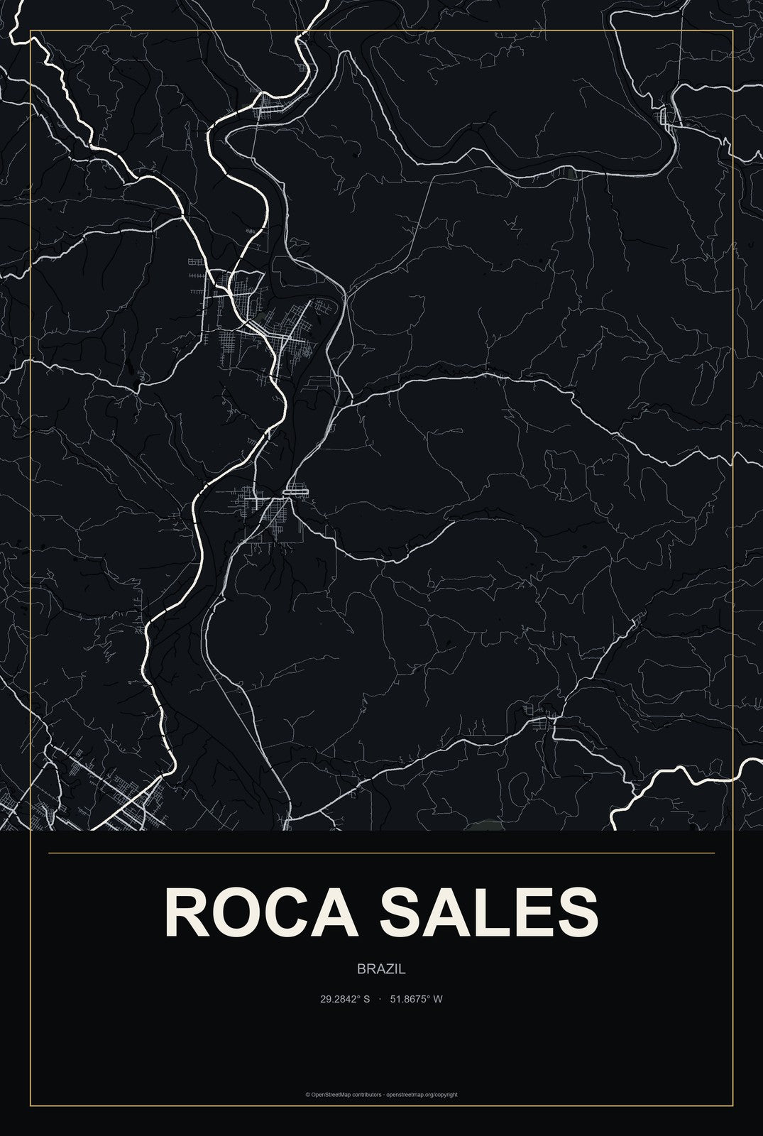 Roca Sales, Brazil City Map Aluminum Sign in Metropolitan Noir style