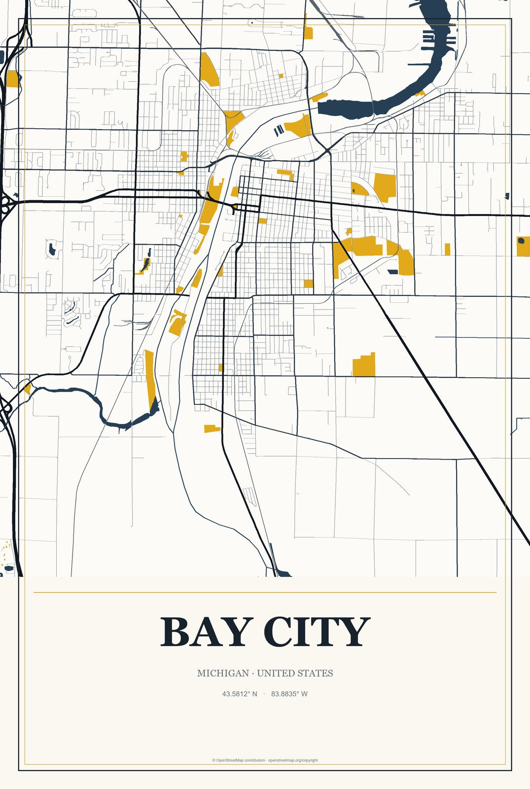Bay City, Michigan City Map Aluminum Sign in Citrine Modern style
