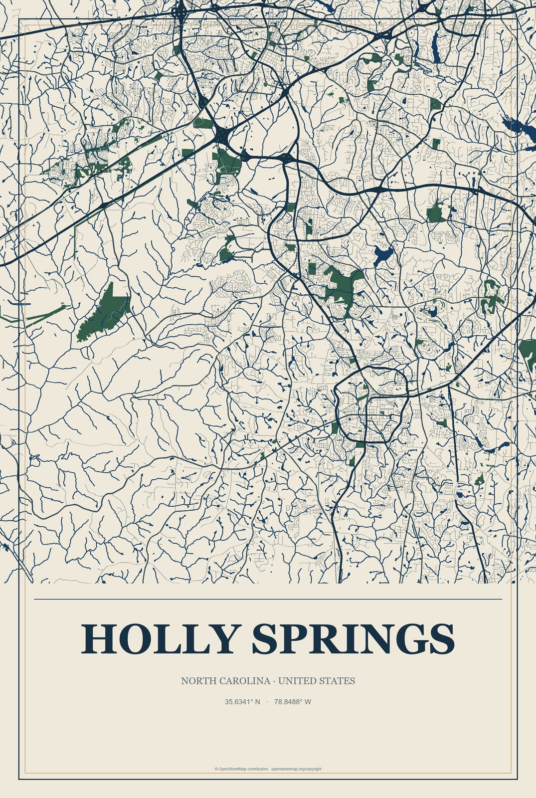 Holly Springs, North Carolina City Map Aluminum Sign in Coastal Cutout style