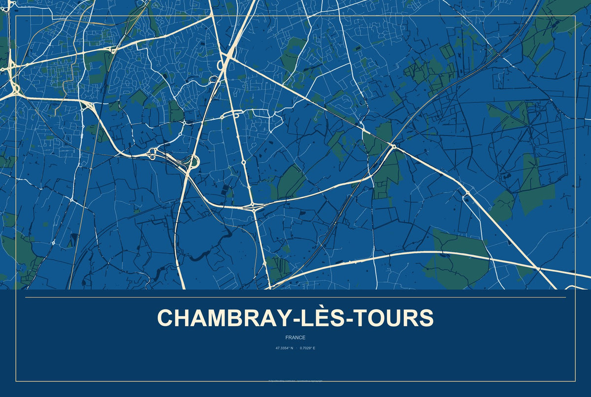 Chambray-lès-Tours, France City Map Aluminum Sign in Harbor Cobalt style