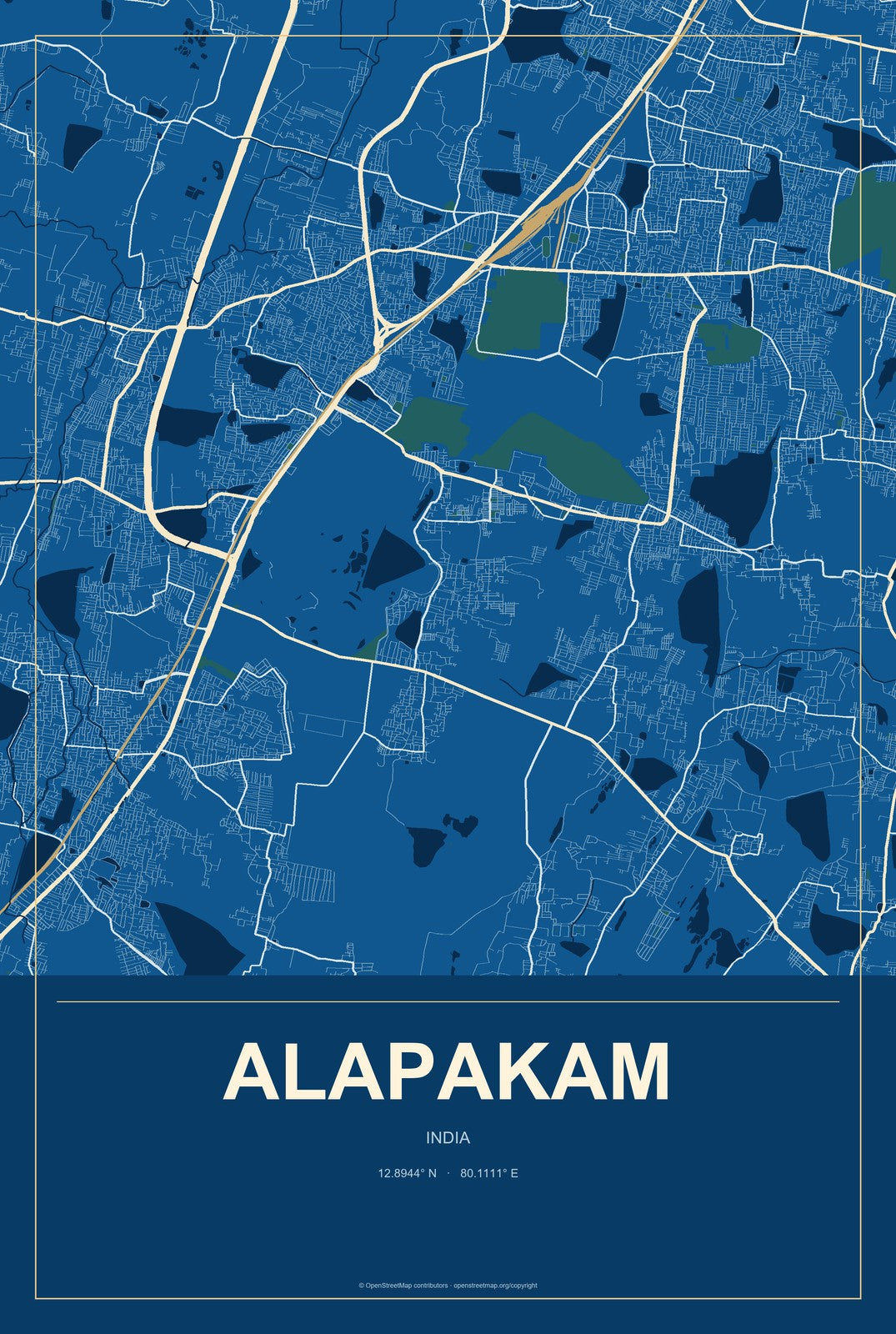Alapakam, India City Map Aluminum Sign in Harbor Cobalt style