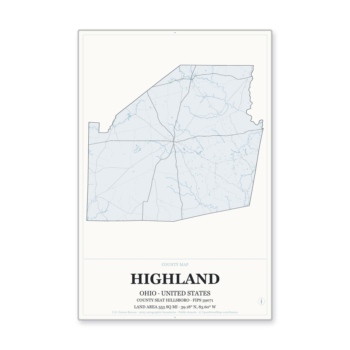 Highland County, Ohio Map Aluminum Sign in Gallery Air style