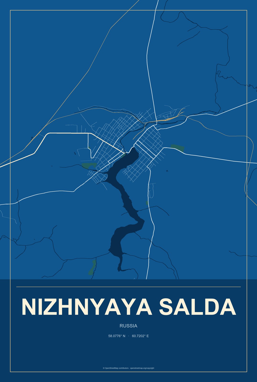 Nizhnyaya Salda, Russia City Map Aluminum Sign in Harbor Cobalt style
