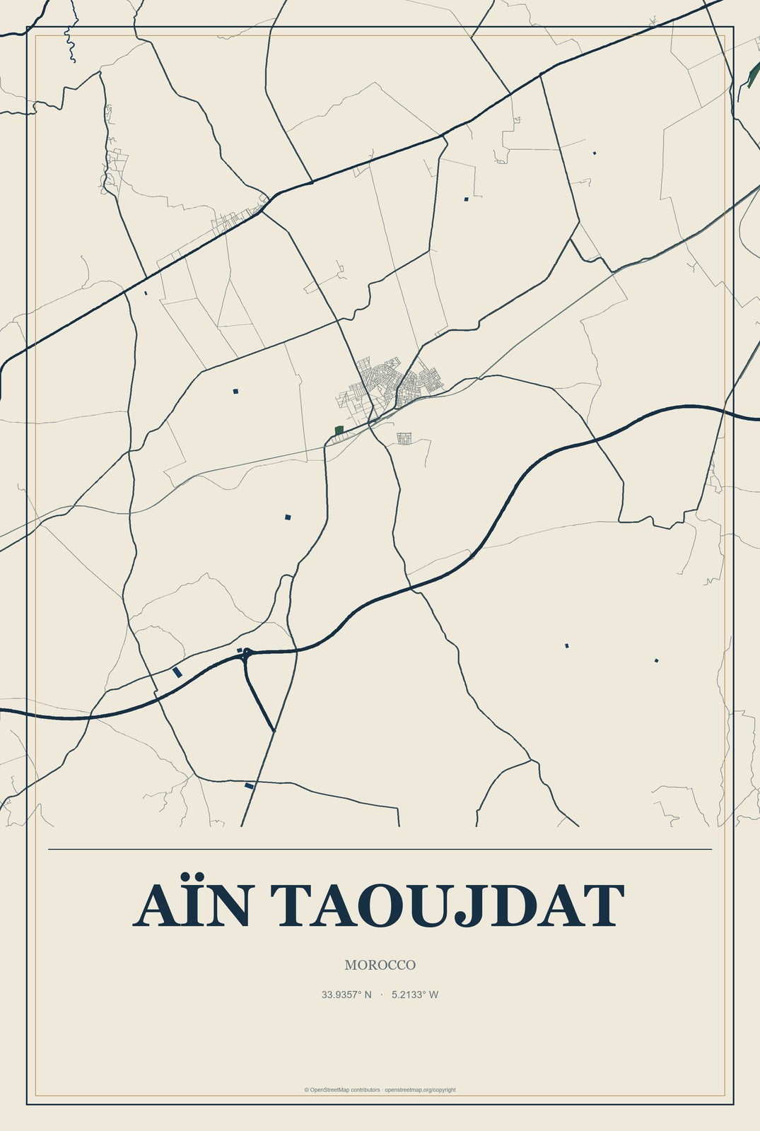 Aïn Taoujdat, Morocco City Map Aluminum Sign in Coastal Cutout style