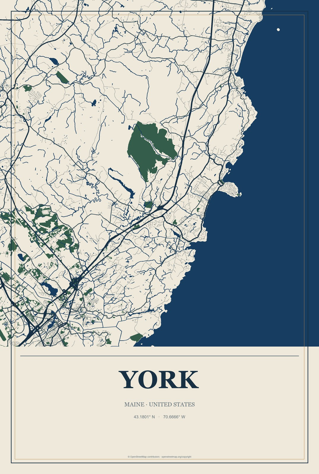 York, Maine City Map Aluminum Sign in Coastal Cutout style