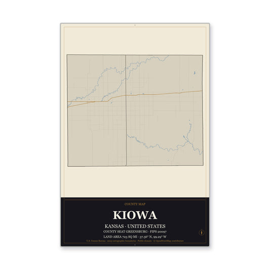 Kiowa County, Kansas Map Aluminum Sign in Museum Plaque style
