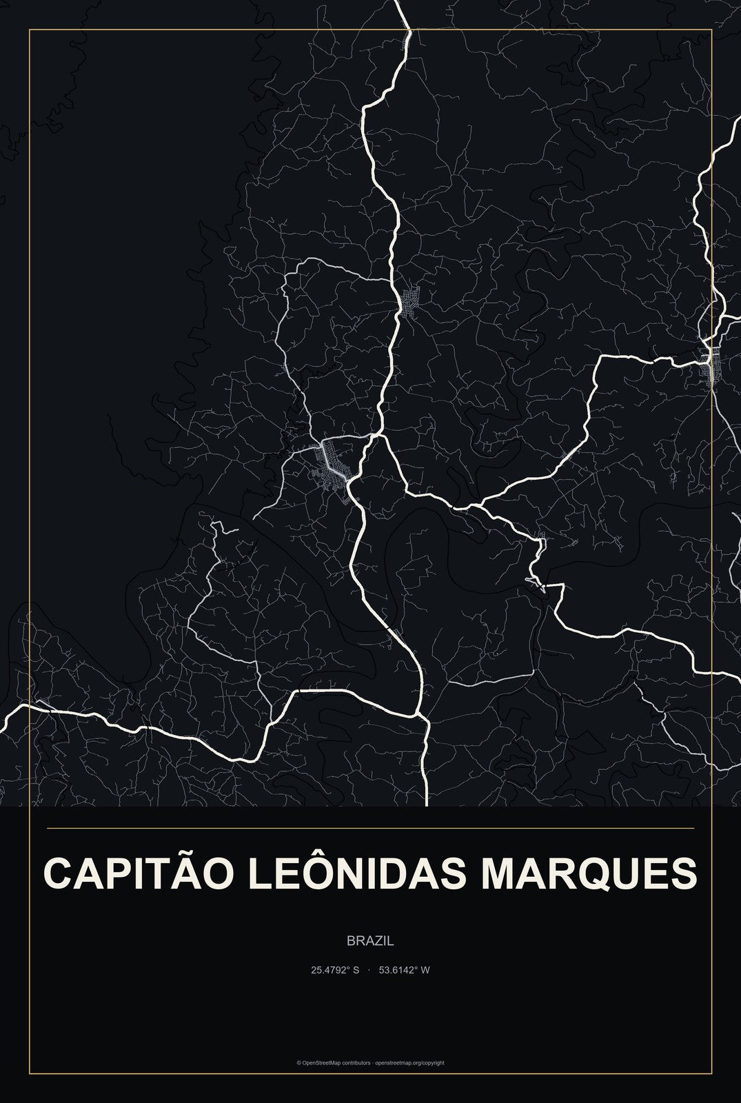 Capitão Leônidas Marques, Brazil City Map Aluminum Sign in Metropolitan Noir style
