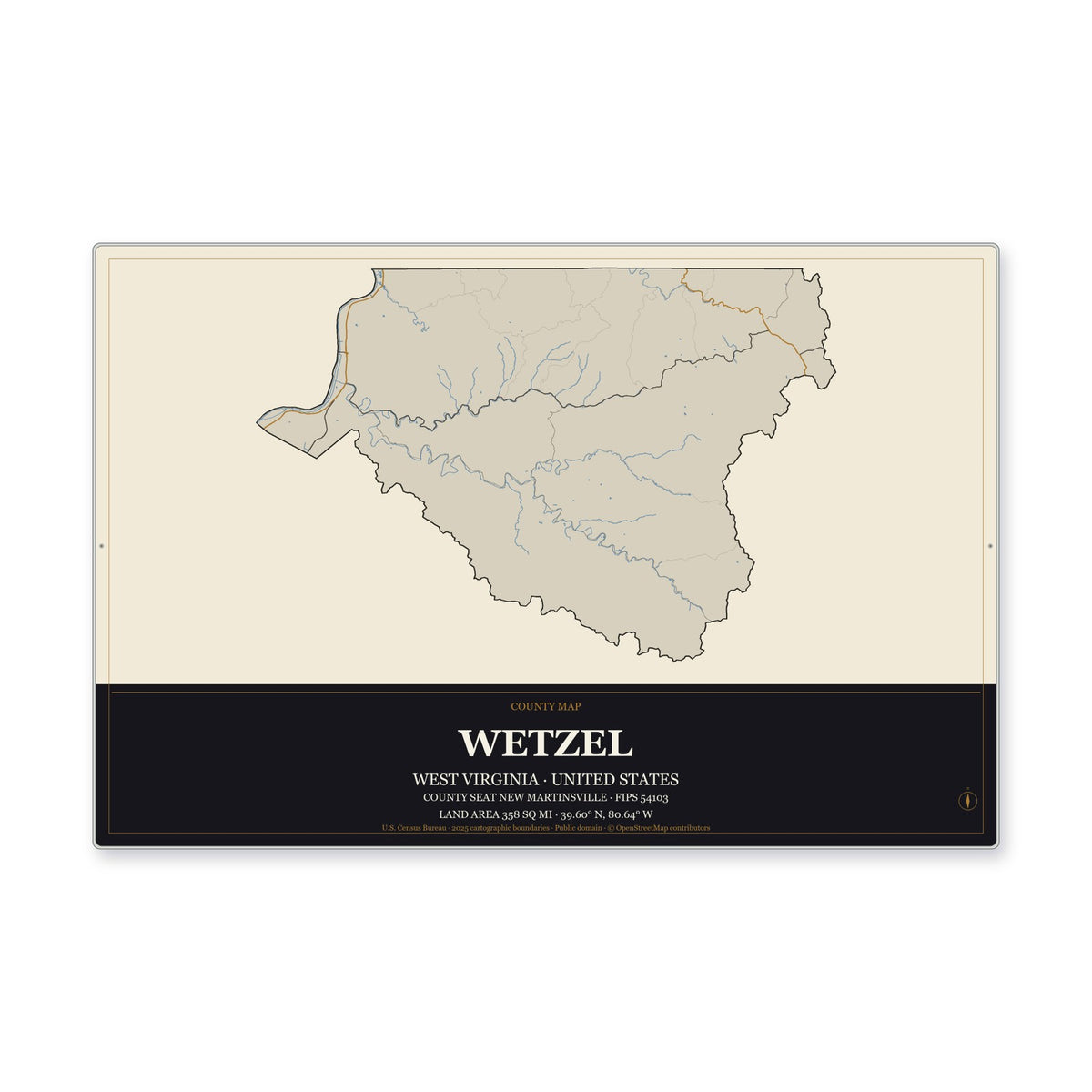 Wetzel County, West Virginia Map Aluminum Sign in Museum Plaque style