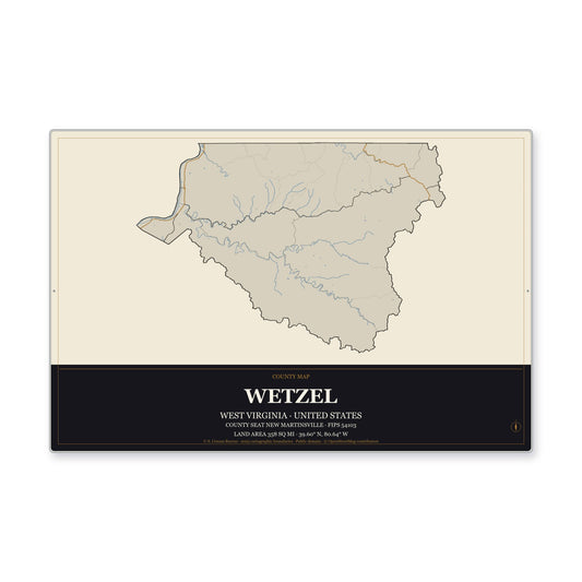 Wetzel County, West Virginia Map Aluminum Sign in Museum Plaque style