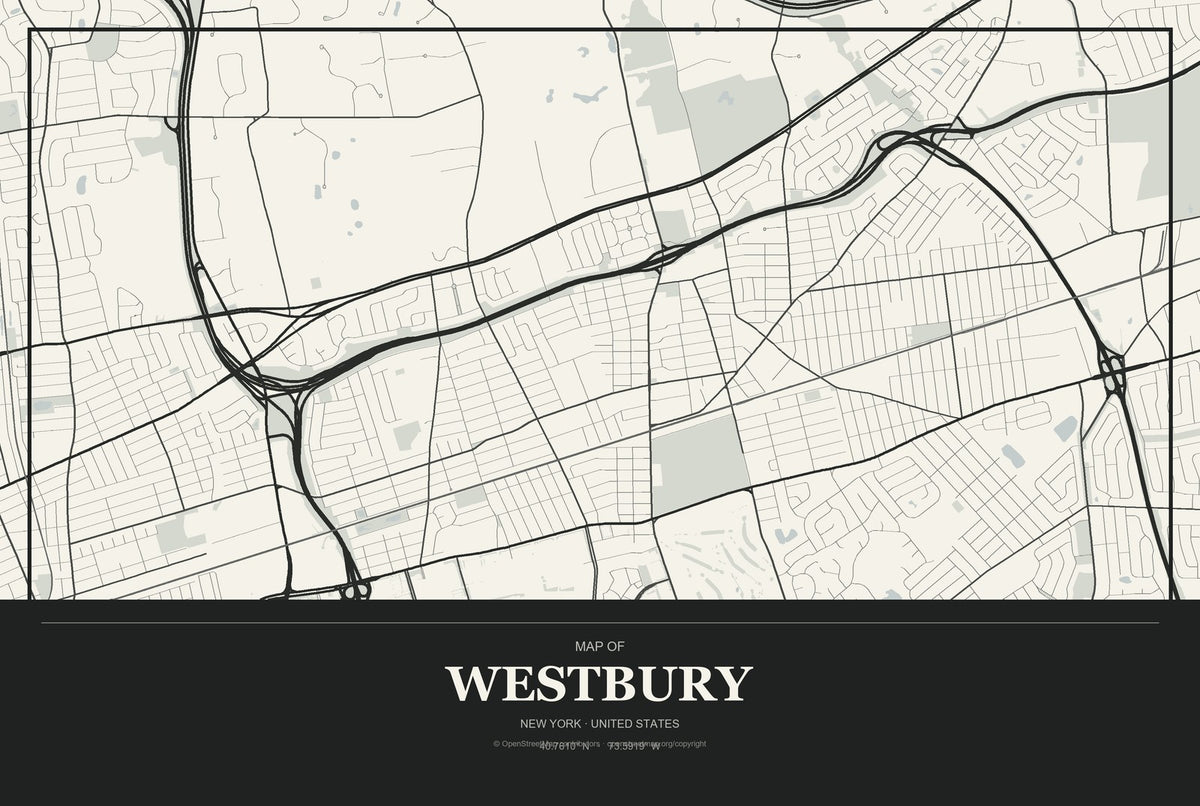 Westbury, New York City Map Aluminum Sign in Museum Plaque style