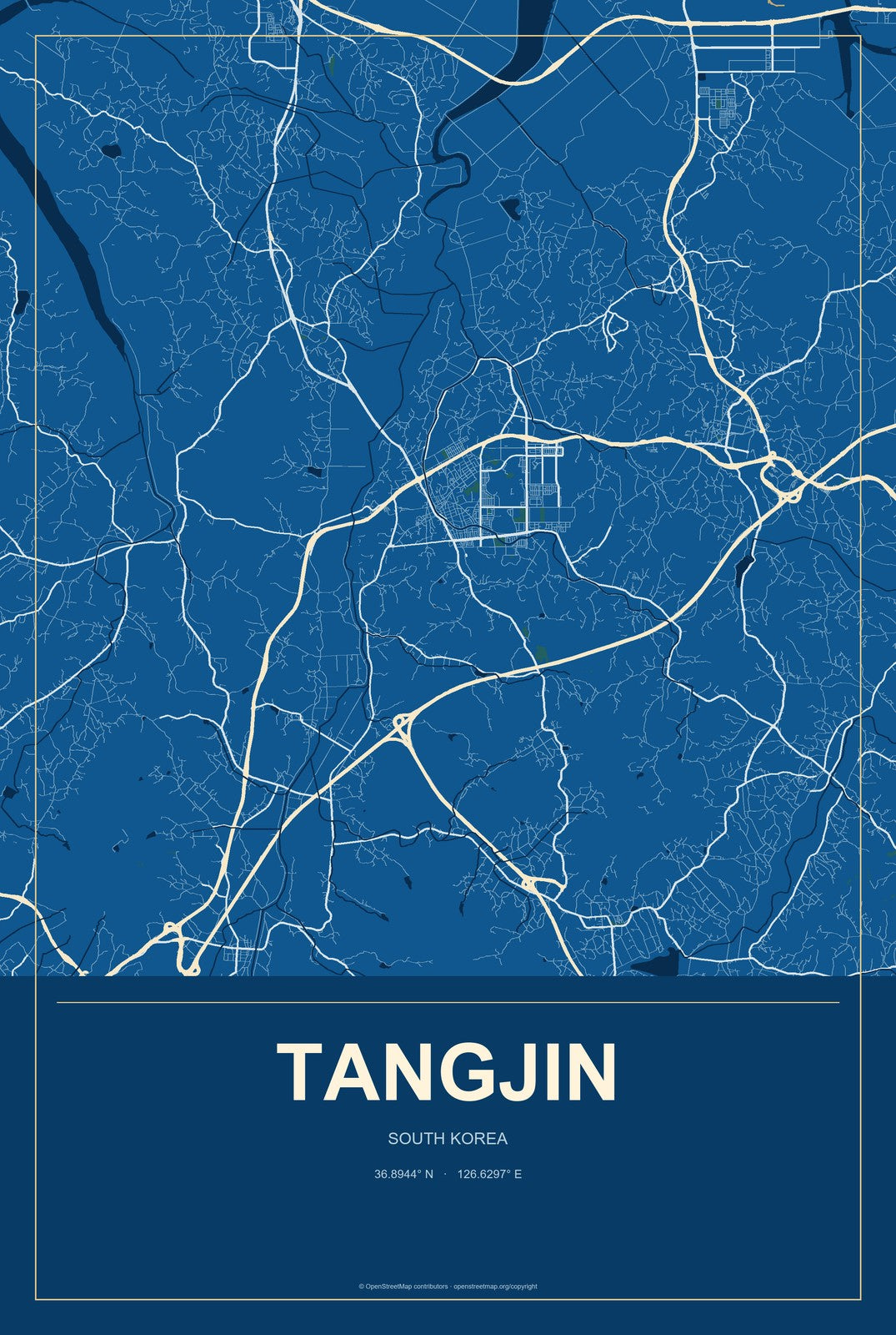 Tangjin, South Korea City Map Aluminum Sign in Harbor Cobalt style