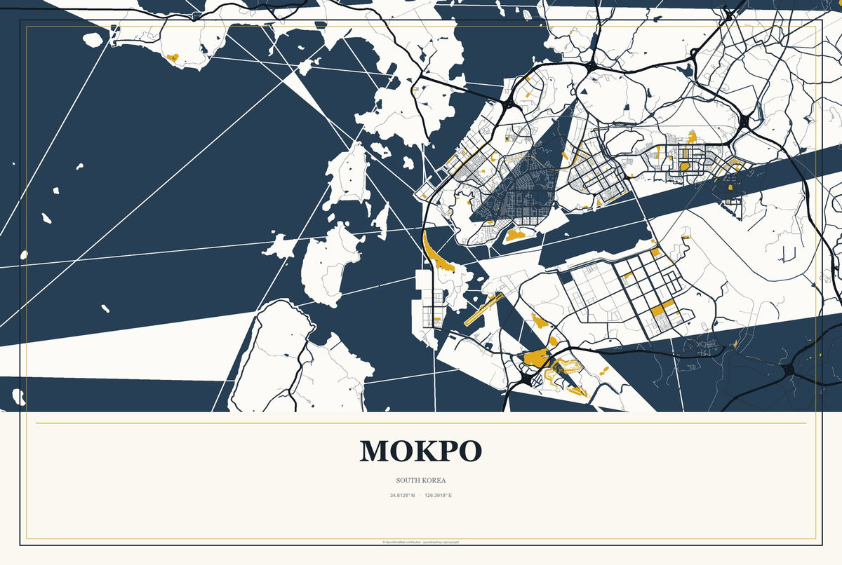 Mokpo, South Korea City Map Aluminum Sign in Citrine Modern style