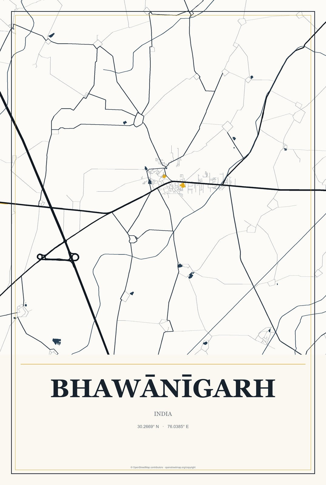 Bhawānīgarh, India City Map Aluminum Sign in Citrine Modern style