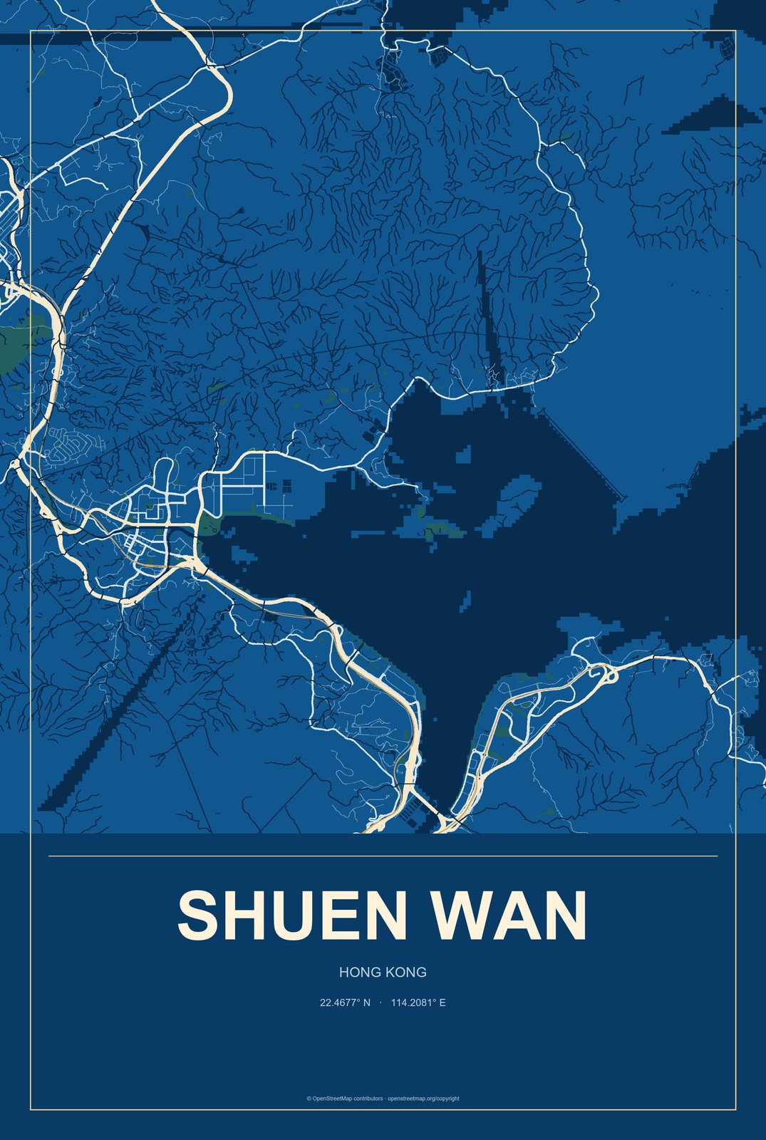 Shuen Wan, Hong Kong City Map Aluminum Sign in Harbor Cobalt style
