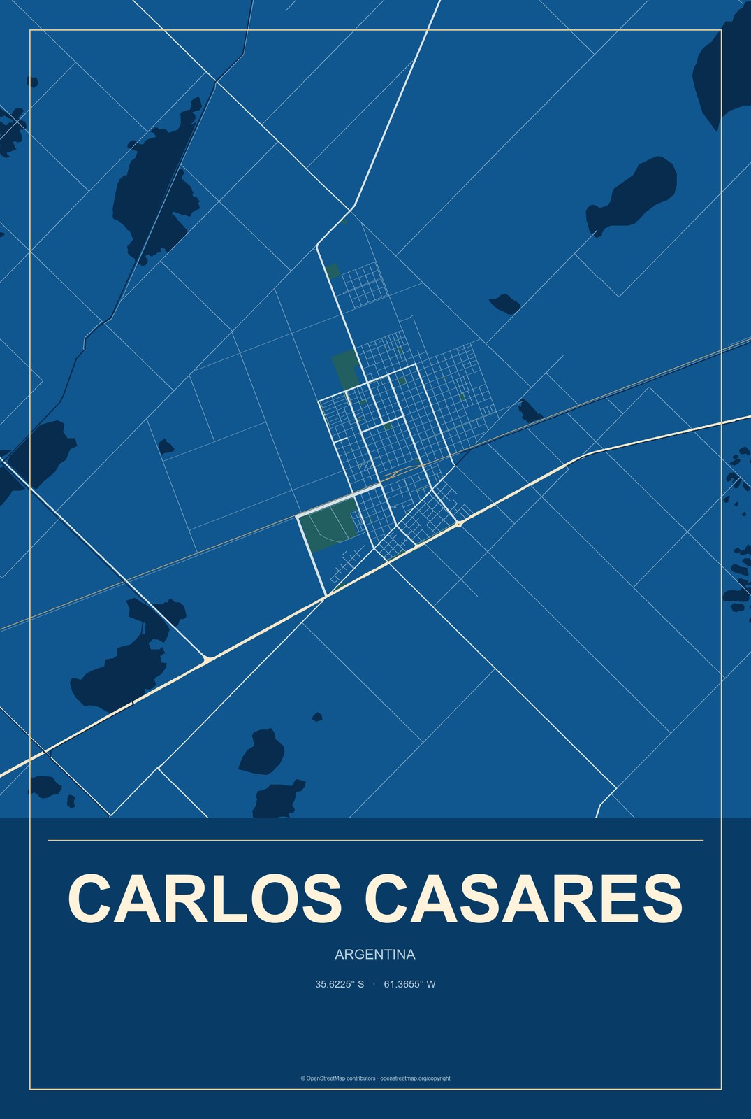 Carlos Casares, Argentina City Map Aluminum Sign in Harbor Cobalt style