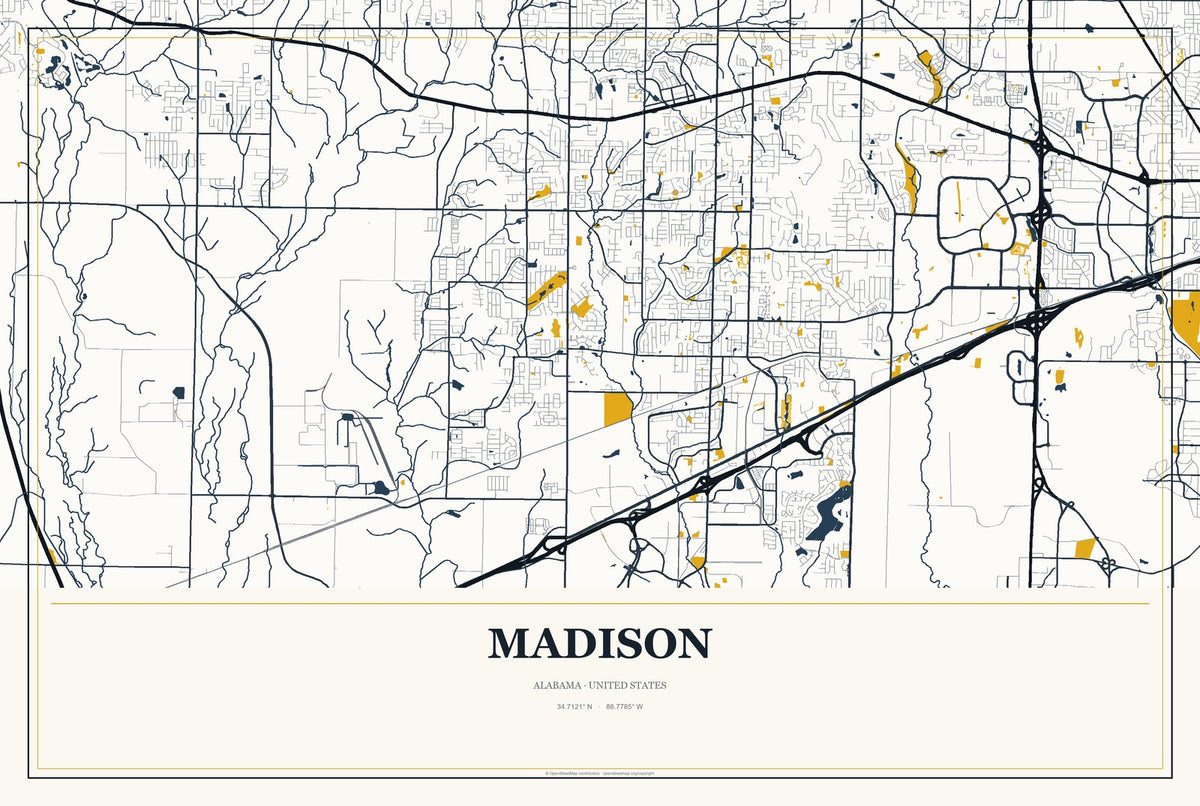 Madison, Alabama City Map Aluminum Sign in Citrine Modern style