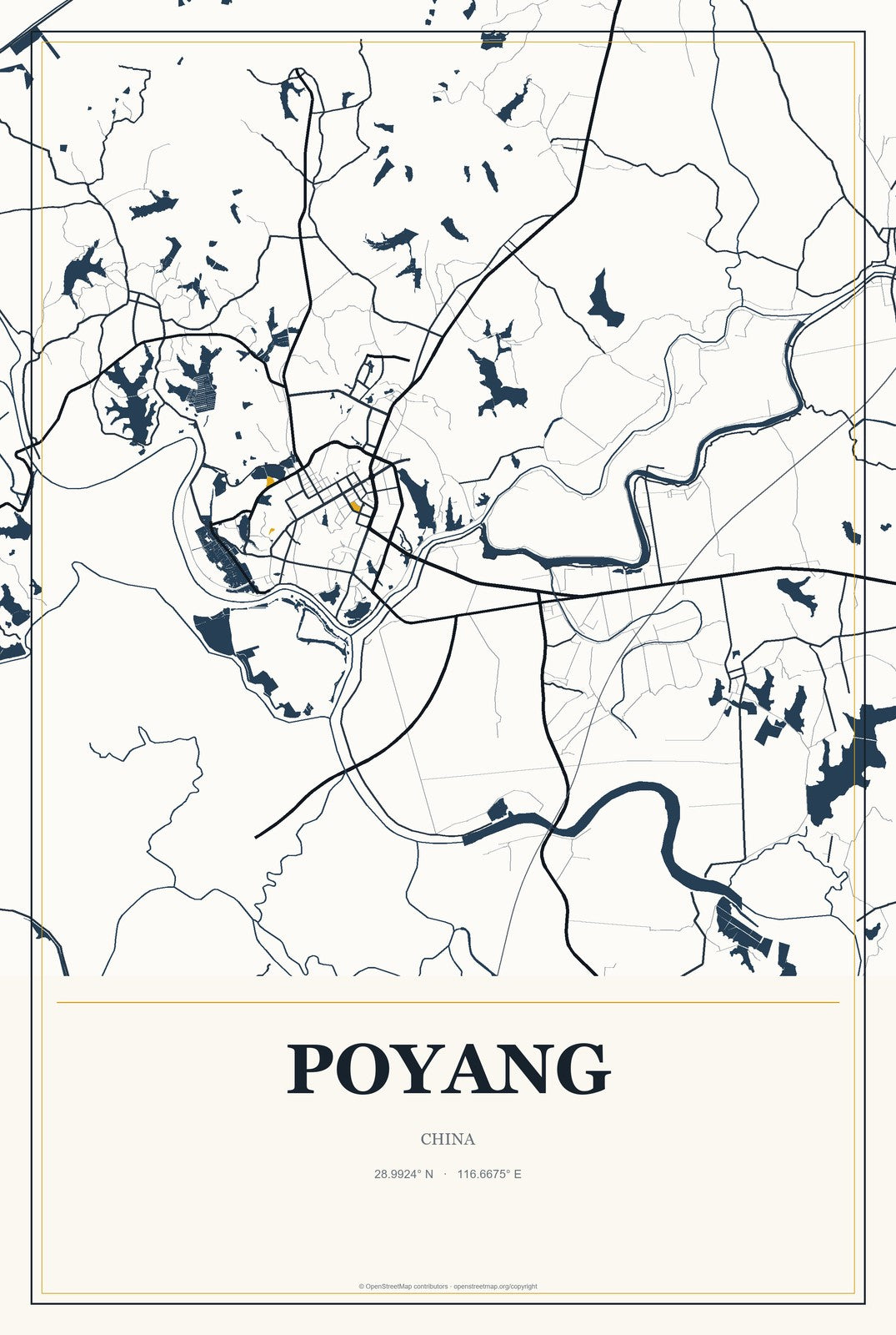 Poyang, China City Map Aluminum Sign in Citrine Modern style