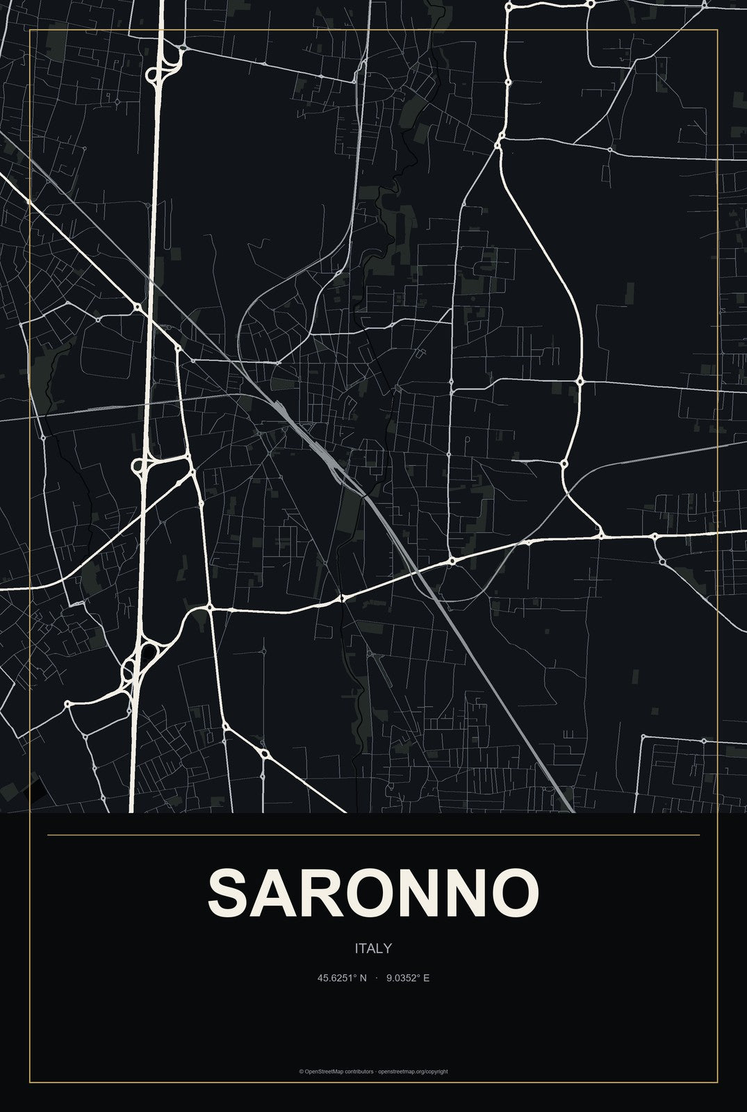 Saronno, Italy City Map Aluminum Sign in Metropolitan Noir style
