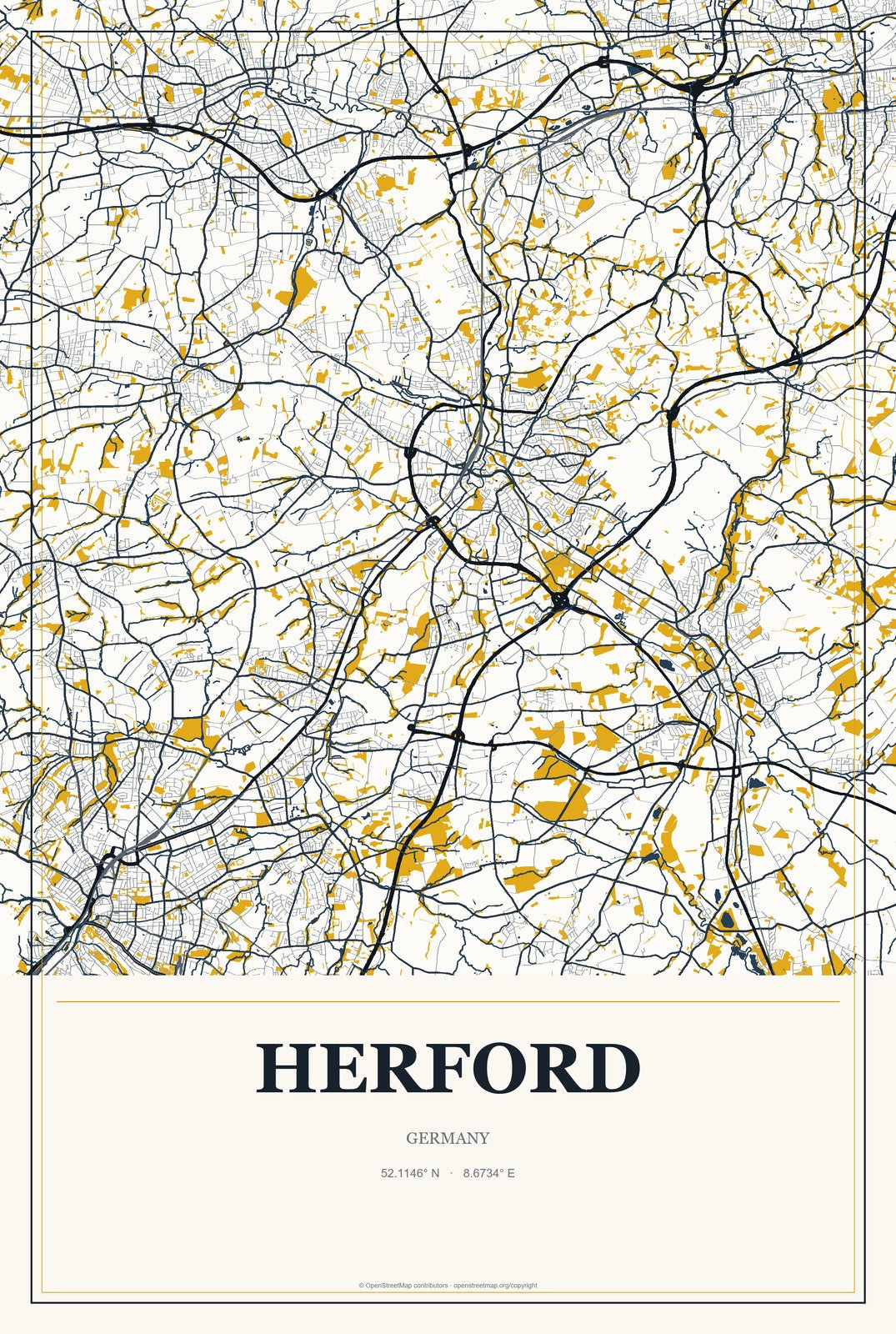 Herford, Germany City Map Aluminum Sign in Citrine Modern style