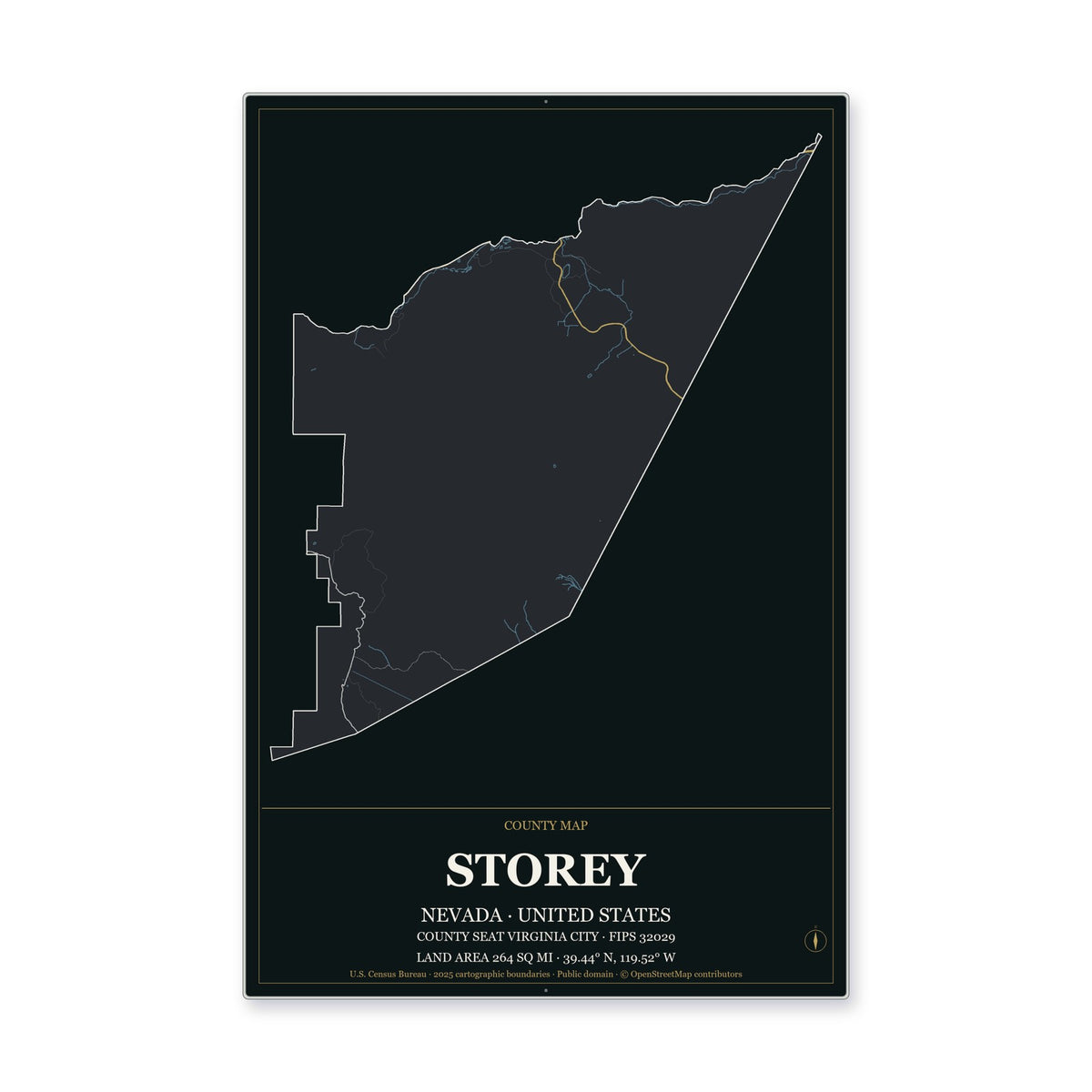 Storey County, Nevada Map Aluminum Sign in Metropolitan Noir style