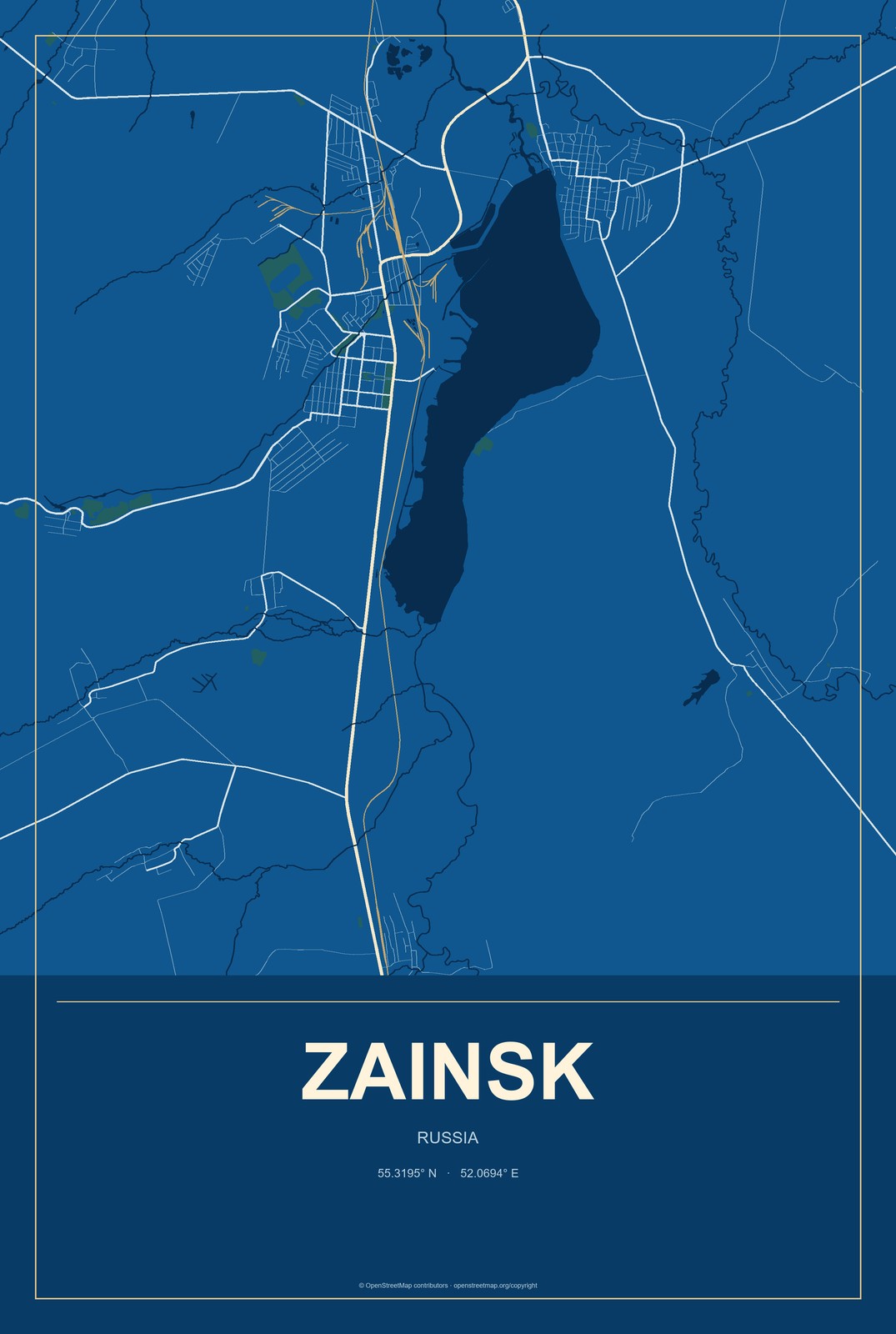 Zainsk, Russia City Map Aluminum Sign in Harbor Cobalt style
